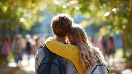 Back view of a young couple sharing an affectionate moment walking with backpacks on a tree lined campus path in warm autumn sunlight