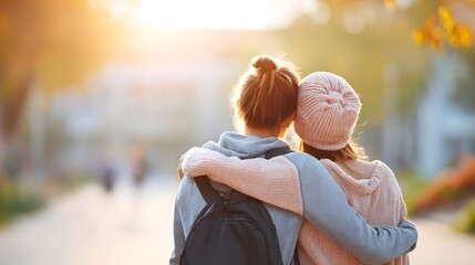 A heartwarming scene of two young friends sharing a moment outdoors walking arm in arm under the golden glow of autumn sunlight conveying warmth and companionship