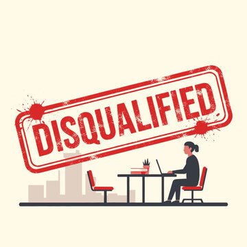Professional setback concept with a person working at a desk under a large red "DISQUALIFIED" stamp.