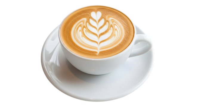 Top view of latte art coffee in white cup isolated on transparent background