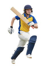 Woman cricket player in yellow and blue uniform running with bat on isolated background
