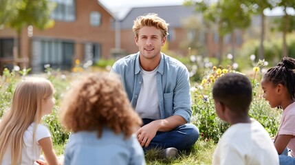 A friendly male teacher leads an outdoor lesson for a diverse group of children sitting together on the grass amidst flowers and trees on a bright sunny day