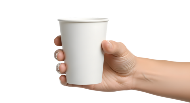 Hand holding a white paper cup isolated on transparent background - Powered by Adobe