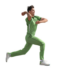 Male cricketer in green uniform running to field the ball on isolated background