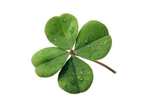 A vibrant four leaf clover with glistening water droplets on black background