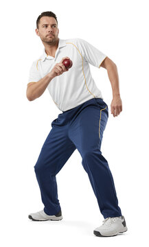 Cricket bowler in white shirt and navy trousers ready to throw the ball
