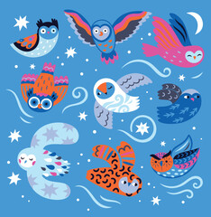 Set with Aurora Owls on light blue. Vector illustration
