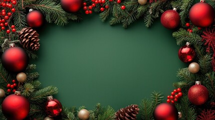 Christmas wreath frame with red ornaments and pine branches on green background from top view as card template design for banner or poster