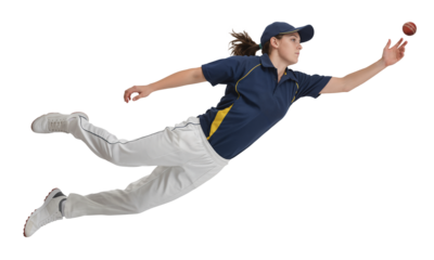 Woman cricket fielder diving horizontally to catch the ball on isolated background