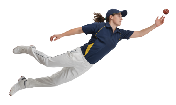 Woman cricket fielder diving horizontally to catch the ball on isolated background