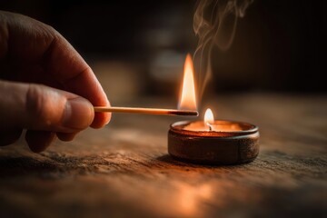 Warm candlelight moment: lighting a candle with a burning match on a wooden table