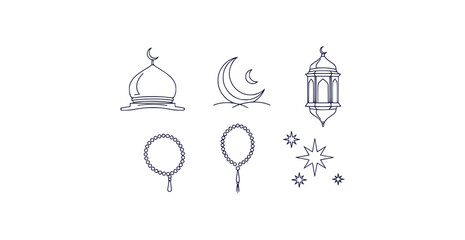 Elegant islamic culture line art set featuring mosque domes crescent moon lanterns prayer beads and stars