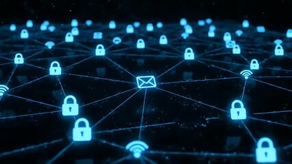 ​A dynamic 3D animation of a glowing blue email envelope icon expanding into a secure digital network with connected padlock and Wi-Fi symbols. - Powered by Adobe
