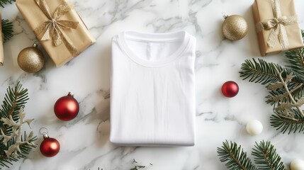 Festive christmas and new year t shirt design mockup with gift boxes. Flat lay. Template for a clothing store, shopping center, mall. Horizontal banner. Copy space. Top view