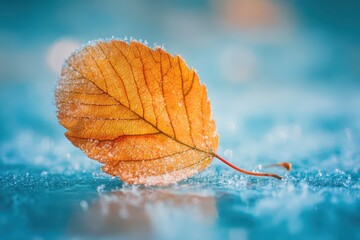 Warm leaf and cold frost in a serene blue-toned winter micro-scene