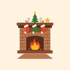 Fototapeta premium A cozy Christmas fireplace with burning fire, decorated with stockings, a small tree, candy canes, and a star on the mantelpiece.