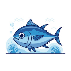 Obraz premium A cute cartoon blue tuna fish swimming underwater with bubbles and coral in a simple illustration.