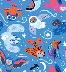 Seamless pattern with Aurora Owls on light blue. Vector illustration