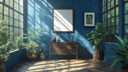 Sunlit blue room with plants and wooden furniture