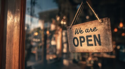 Warm-lit cafe entrance with a hanging We are open sign on the glass door