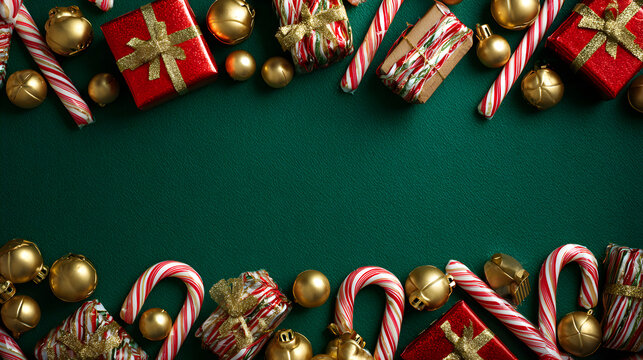Green background with red gifts, striped candy canes, golden bells arranged neatly along border, holiday copy area centered  - Powered by Adobe