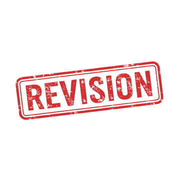 Red distressed rubber stamp with the word REVISION in capital letters on a white background, indicating a need for changes or review.