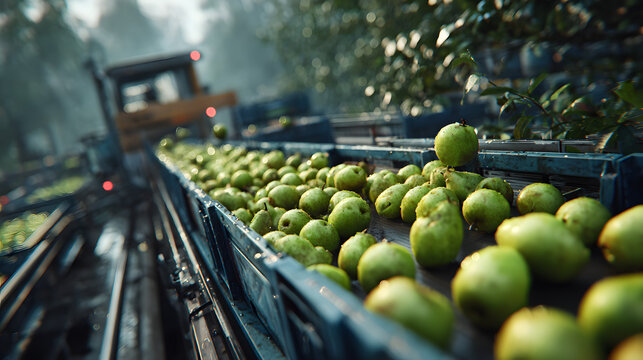 Robotic arms harvesting fresh pears from conveyor, showcasing modern agricultural technology with green apples in crates