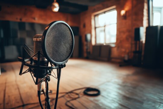 Warmly lit studio environment featuring a dynamic microphone and pop filter for voice work