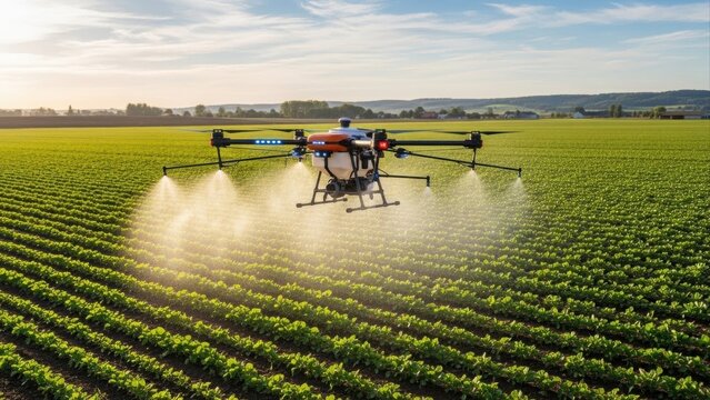 Agricultural drone spraying crops over a wide green field under a bright sky, illustrating modern smart farming and precision agriculture.