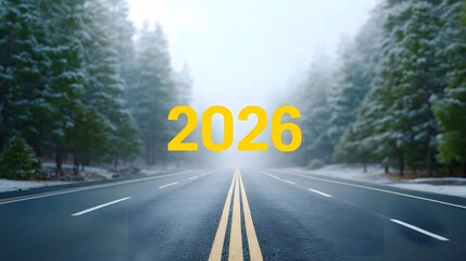 The prominent yellow  2026  superimposed on a foggy winter road flanked by snow laden trees suggests the anticipation of a new year s journey and future endeavors