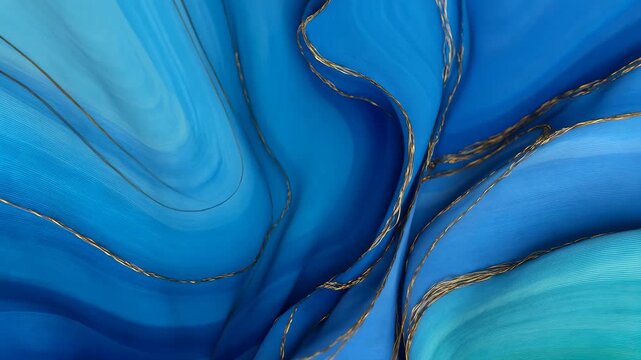 A close-up of flowing blue fabric with golden threads, creating an elegant and dynamic texture.