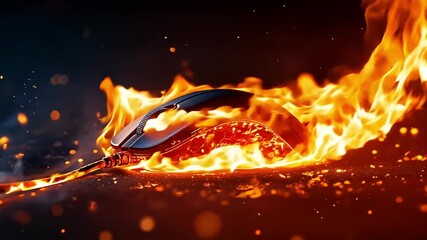 A computer mouse on fire on a black background