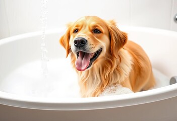A joyful golden retriever standing in a sudsy tub, water spraying gently Its fur is soaked and happy, enjoying the wash,  wet,  splash