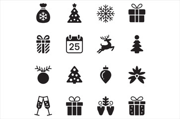 A collection of simple black winter holiday and christmas themed icons