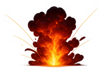 Dynamic cartoon explosion creating fire, smoke, and debris with glowing sparks, isolated on transparent background