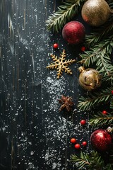 Festive christmas and new year decoration with ornaments and pine branches for holiday celebration. Vertical banner. Copy space. Top view. New Year postcard. Christmas template