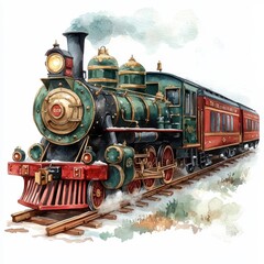 Fototapeta premium Watercolor illustration of a Christmas train.