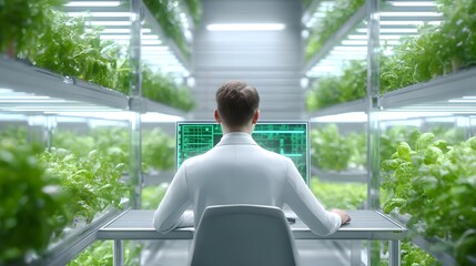 Scientist using advanced technology to manage and analyze plant growth in a sophisticated indoor vertical farming system highlighting sustainable food production and agricultural innovation