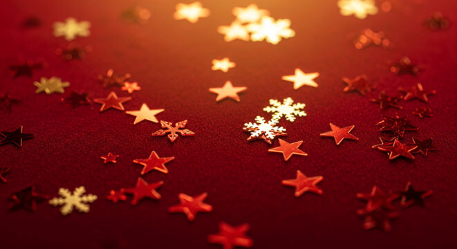 Scattered star and snowflake confetti on red textile, creating festive ambience, symbolizing celebration, winter holiday and New Year occasion