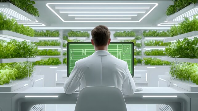 A researcher wearing a white lab coat sits at a futuristic workstation analyzing data on a computer screen that displays technical drawings while surrounded by shelves of vibrant