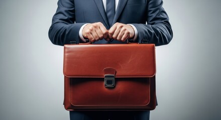Businessman in suit holding brown leather briefcase
