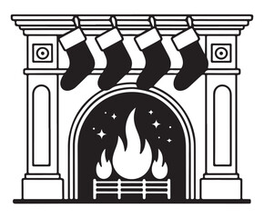 Fireplace with Christmas stockings a simple line art vector illustration perfect for holiday cards and festive designs