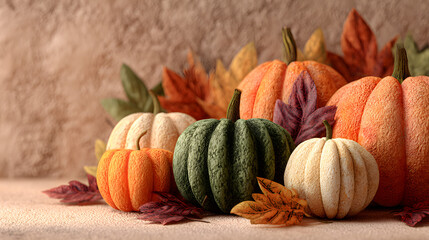 Frame with pumpkins and autumn leaves on a green background. Design banner template for autumn cards, halloween, harvest thanksgiving day or Halloween concept with place for text