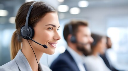 Professional customer support team in a bright office with a friendly female operator in the foreground focused on her work assisted by colleagues
