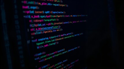 a close-up shot of lines of code displayed on a computer screen. The code is written in different colors, creating an abstract and dynamic display