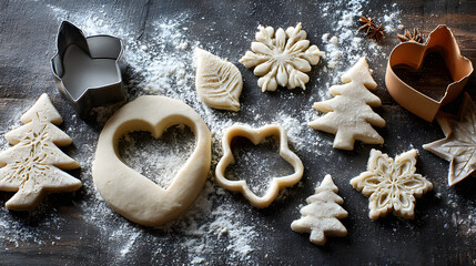 Fototapeta premium Handmade holiday cookie scene with cutters, dough shapes and flour dust around open middle 