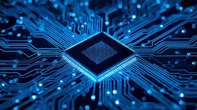 a close-up view of a glowing microchip that is the heart of any electronic device, showcasing the intricate circuitry