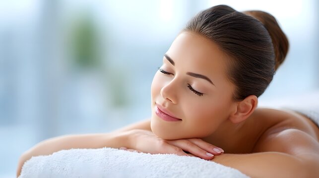 Close up of a relaxed woman lying down with closed eyes head resting on her hands on a white towel conveying serenity beauty and wellness in a bright calming environment