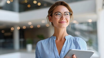 Confident woman in glasses and blue striped shirt holding a tablet gazes upward in a bright modern business setting with blurred lights exuding a sense of optimism and strategic thinking