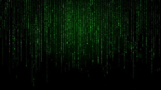 an abstract digital rain pattern with green glowing code falling against a dark backdrop, symbolizing data and technology